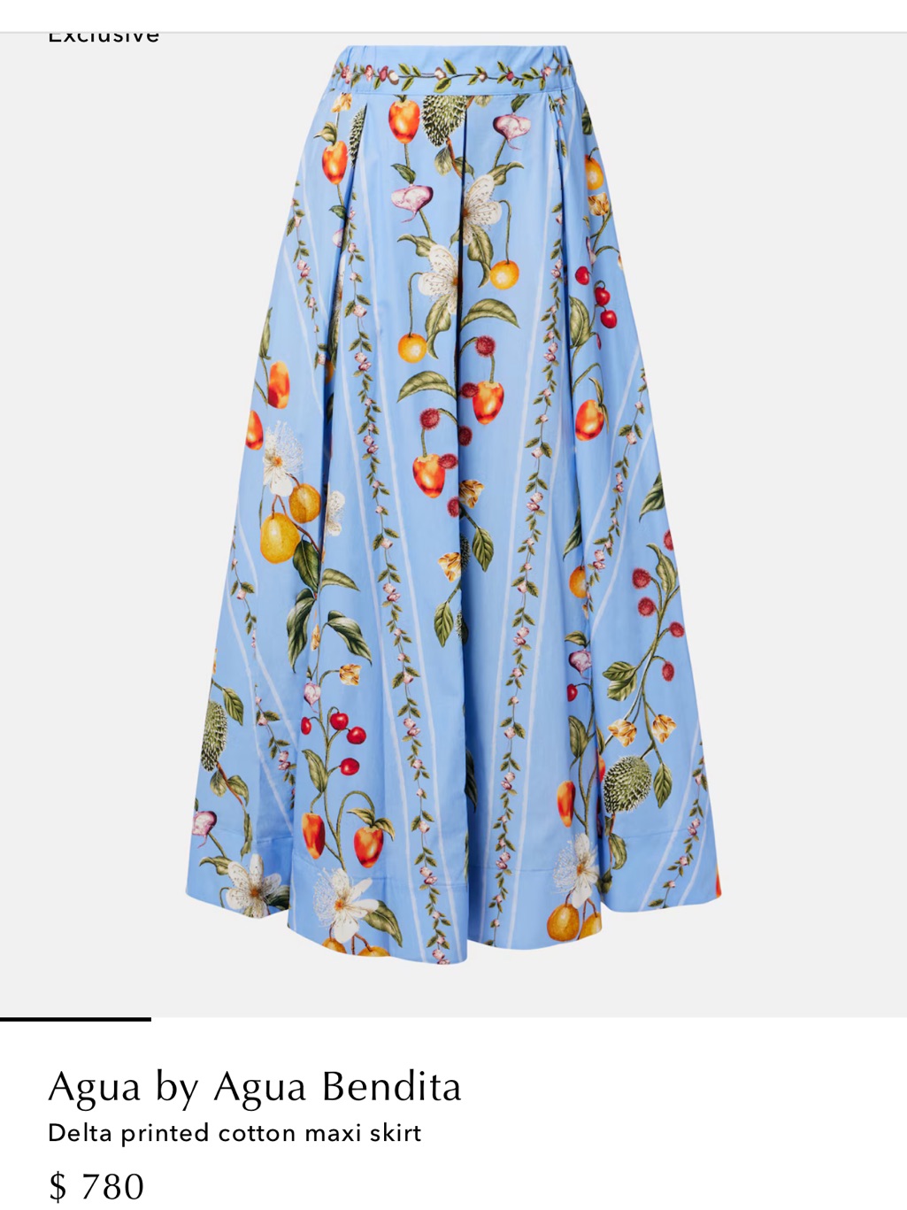 Agua By Agua Bendita Sky Blue Floral & Fruit Cotton Maxi Skirt
